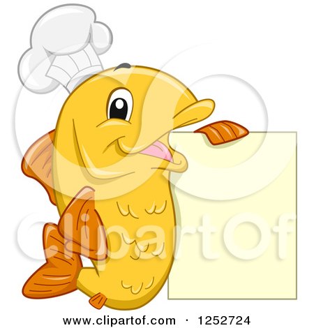 Clipart of a Happy Orange Chef Fish with a Menu Sign - Royalty Free Vector Illustration by BNP Design Studio