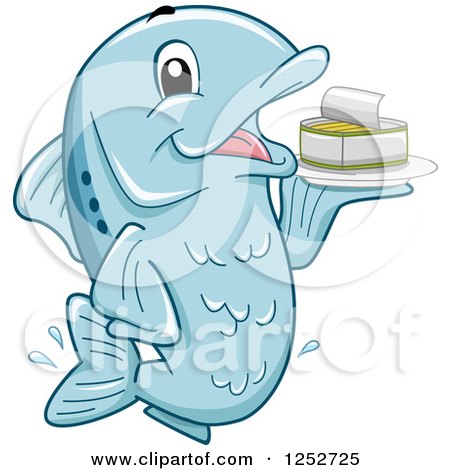 Clipart of a Blue Fish Holding a Can of Sardines - Royalty Free Vector Illustration by BNP Design Studio