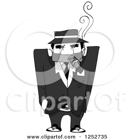 Clipart of a Grayscale Mafia Mobster Man Smoking a Cigar - Royalty Free Vector Illustration by BNP Design Studio