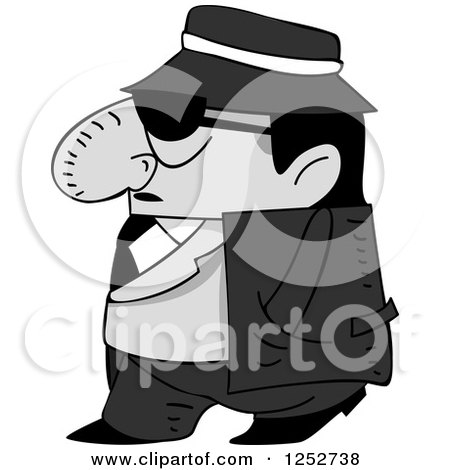 Clipart of a Grayscale Short Mafia Mobster Man Walking - Royalty Free Vector Illustration by BNP Design Studio