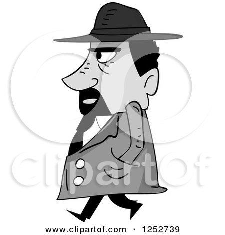 Clipart of a Grayscale Mafia Mobster Man Walking - Royalty Free Vector Illustration by BNP Design Studio