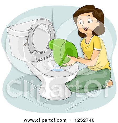Clipart of a Brunette Caucasian Mother Emptying a Potty Training Bowl - Royalty Free Vector Illustration by BNP Design Studio