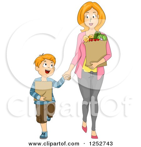 Clipart of a Caucasian Mother and Son Holding Hands and Carrying Groceries - Royalty Free Vector Illustration by BNP Design Studio