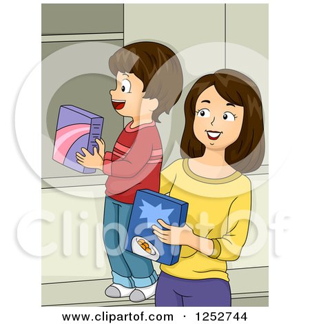 Clipart of a Brunette Caucasian Mother and Son Putting Away Groceries - Royalty Free Vector Illustration by BNP Design Studio