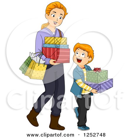 Clipart of a Red Haired Caucasian Mother and Son Carrying Gift Boxes and Shopping Bags - Royalty Free Vector Illustration by BNP Design Studio
