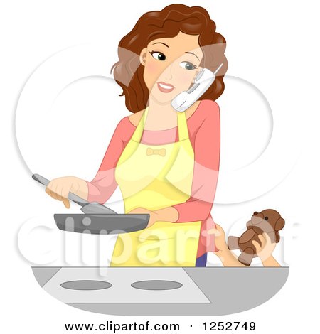 Clipart of a Brunette Caucasian Mother Talking on a Phone and Cooking While a Child Tries to Give Her a Teddy Bear - Royalty Free Vector Illustration by BNP Design Studio