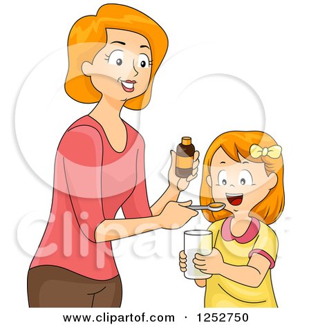 Clipart of a Red Haired Caucasian Mother Giving Her Daughter Liquid Vitamins - Royalty Free Vector Illustration by BNP Design Studio