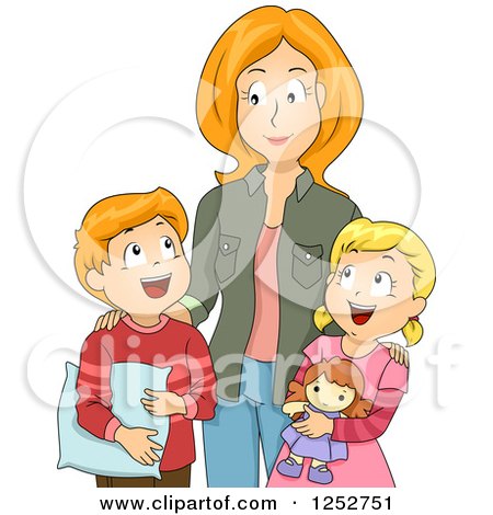 Clipart of a Red Haired Caucasian Mother Getting Her Children Ready for Nap Time - Royalty Free Vector Illustration by BNP Design Studio