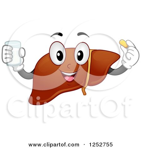 Clipart of a Liver Character with Water and a Pill - Royalty Free Vector Illustration by BNP Design Studio