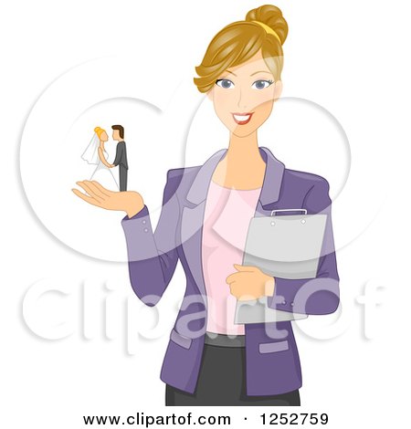 Clipart of a Blond White Wedding Planner Woman with a Cake Topper in Her Hand - Royalty Free Vector Illustration by BNP Design Studio