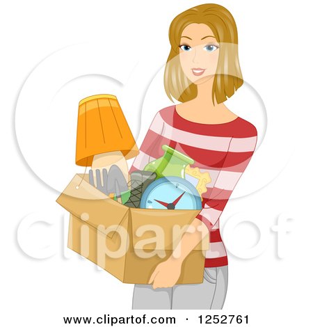 Clipart of a Blond Caucasian Woman Carrying a Box of Belongings - Royalty Free Vector Illustration by BNP Design Studio