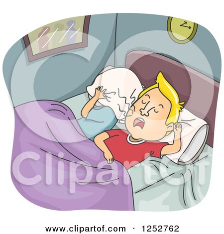 Clipart of a Caucasian Wife Covering Her Head While Her Husband Snores Loudly - Royalty Free Vector Illustration by BNP Design Studio