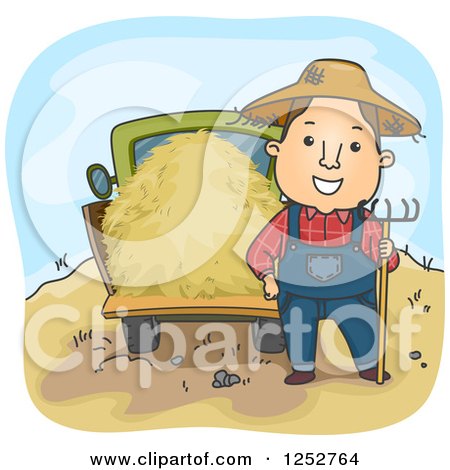 Clipart of a Happy White Farmer Man with a Pitchfork and Hay Truck - Royalty Free Vector Illustration by BNP Design Studio