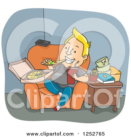 Clipart of a Blond White Man Binge Eating Pizza and Junk Food - Royalty Free Vector Illustration by BNP Design Studio