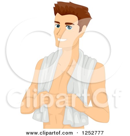 Clipart of a Happy Brunette White Man with a Towel Around His Neck - Royalty Free Vector Illustration by BNP Design Studio
