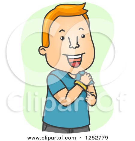 Clipart of a Happy Red Haired White Man Wearing a Support Wrist Band - Royalty Free Vector Illustration by BNP Design Studio
