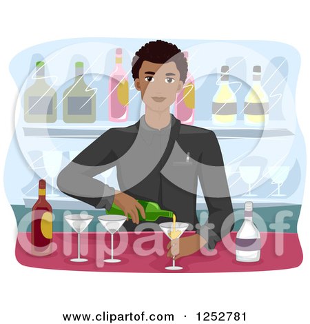 Clipart of a Handsome Black Bartender Man Mixing Drinks - Royalty Free Vector Illustration by BNP Design Studio