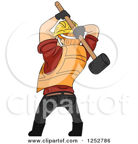 Clipart of a Rear View of a Construction Worker Swinging a Sledgehammer - Royalty Free Vector Illustration by BNP Design Studio