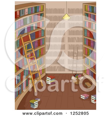 Clipart of a Library Interior with a Ladder and Books and Boxes on the Floor - Royalty Free Vector Illustration by BNP Design Studio