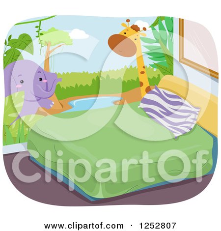 Clipart of a Bedroom with a Safari Themed Elephant and Giraffe Wall Mural - Royalty Free Vector Illustration by BNP Design Studio
