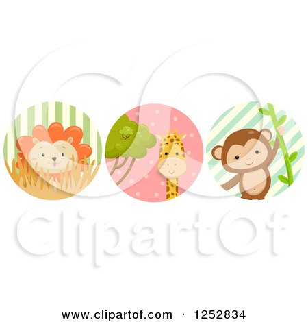 Clipart of a Cute Lion Giraffe and Monkey in Circles - Royalty Free Vector Illustration by BNP Design Studio