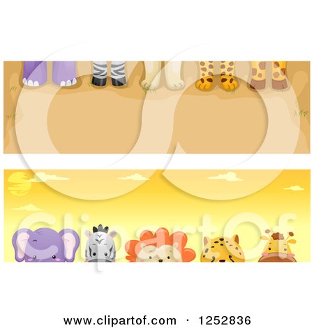Clipart of Website Borders of Safari Animal Feet and Heads - Royalty Free Vector Illustration by BNP Design Studio