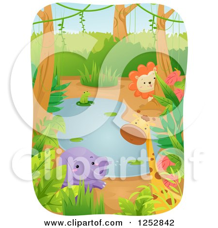 Clipart of a Frog Elephant Giraffe and Lion Around a Jungle Pond - Royalty Free Vector Illustration by BNP Design Studio