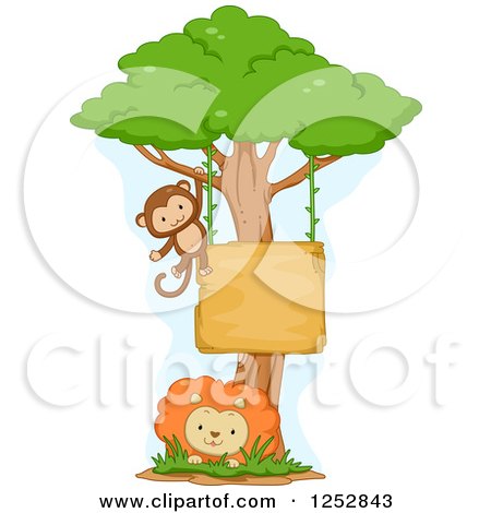 Clipart of a Monkey Swinging from a Sign on a Tree over a Lion - Royalty Free Vector Illustration by BNP Design Studio