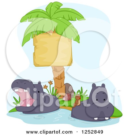 Clipart of Safari Hippos with Birds, Wading by a Palm Tree Sign - Royalty Free Vector Illustration by BNP Design Studio