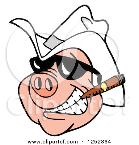 Clipart of a Grinning Pig Smoking a Cigar and Wearing a Cowboy Hat - Royalty Free Vector Illustration by LaffToon