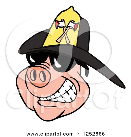 Clipart of a Smiling Pig Wearing Shades and a Black Fire Hat - Royalty Free Vector Illustration by LaffToon
