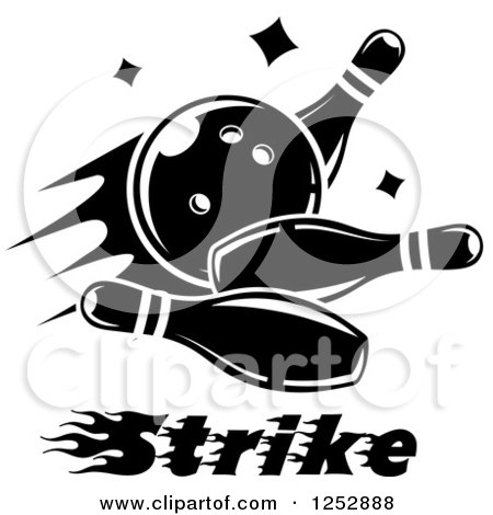 Clipart of a Black and White Bowling Ball Smashing into Pins with Strike Text - Royalty Free Vector Illustration by Vector Tradition SM