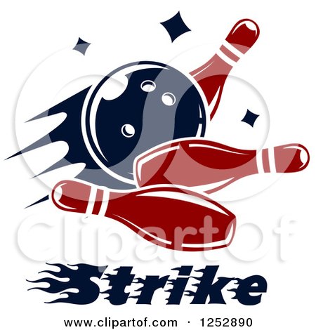 Clipart of a Bowling Ball Smashing into Pins with Strike Text - Royalty Free Vector Illustration by Vector Tradition SM