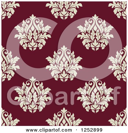 Clipart of a Seamless Background Pattern of Damask Floral on Maroon - Royalty Free Vector Illustration by Vector Tradition SM