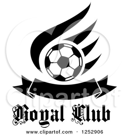 Clipart of a Black and White Soccer Ball over a Wing and Banner over Royal Club Text - Royalty Free Vector Illustration by Vector Tradition SM