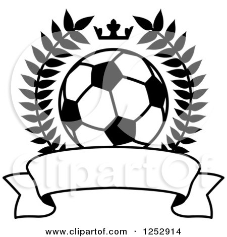 Clipart of a Black and White Crown and Wreath Around a Soccer Ball and Red Banner - Royalty Free Vector Illustration by Vector Tradition SM