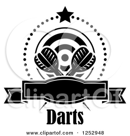Clipart of a Black and White Star and Dots Around a Banner Target and Throwing Darts with Text - Royalty Free Vector Illustration by Vector Tradition SM