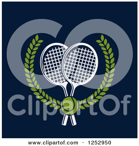 Clipart of a Tennis Ball over Crossed Rackets in a Laurel Wreath on Navy Blue - Royalty Free Vector Illustration by Vector Tradition SM