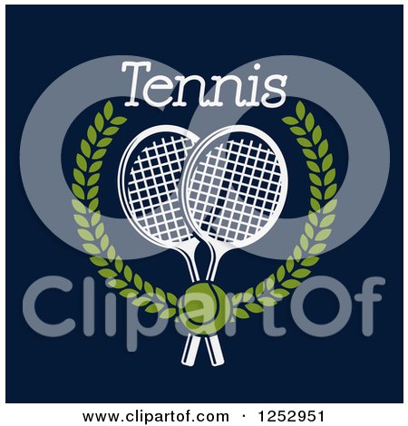 Clipart of a Tennis Ball over Crossed Rackets in a Laurel Wreath with Text on Navy Blue - Royalty Free Vector Illustration by Vector Tradition SM
