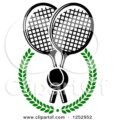 Clipart of a Tennis Ball over Crossed Rackets in a Laurel Wreath - Royalty Free Vector Illustration by Vector Tradition SM