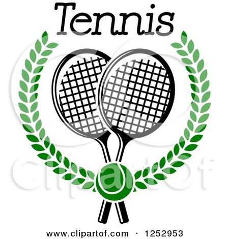 Clipart of a Tennis Ball over Crossed Rackets in a Laurel Wreath Under Text - Royalty Free Vector Illustration by Vector Tradition SM