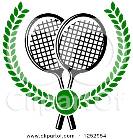 Clipart of a Green Tennis Ball over Crossed Rackets in a Laurel Wreath - Royalty Free Vector Illustration by Vector Tradition SM
