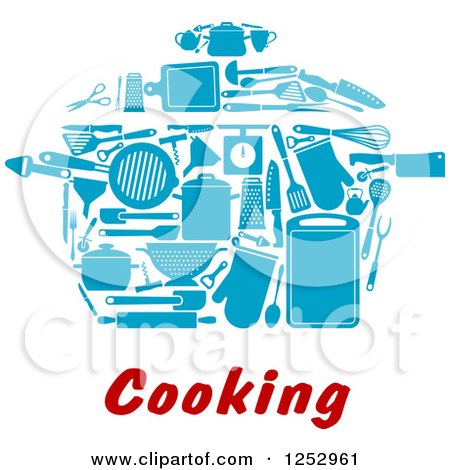 Clipart of Blue Kitchen Utensils Forming a Pot over Cooking Text - Royalty Free Vector Illustration by Vector Tradition SM
