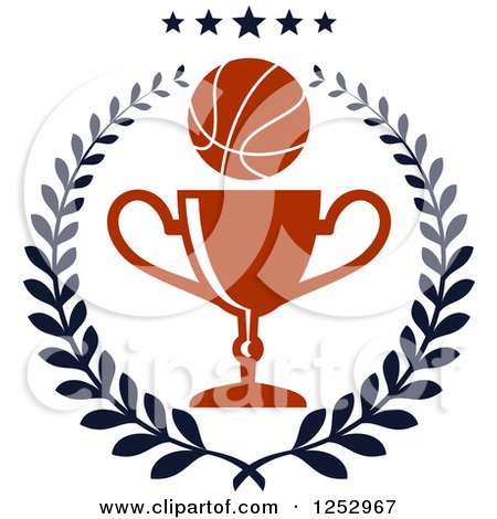 Clipart of a Basketball and Trophy Cup in a Laurel Wreath Under Stars - Royalty Free Vector Illustration by Vector Tradition SM
