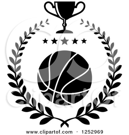Clipart of a Black and White Basketball with Stars in a Laurel Wreath with a Trophy Cup - Royalty Free Vector Illustration by Vector Tradition SM