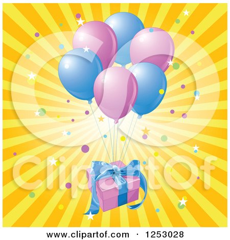Clipart of a Birthday Gift Floating with Party Balloons over Rays - Royalty Free Vector Illustration by Pushkin