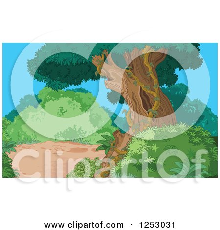 Clipart of a Tree and Shrubs in a Jungle - Royalty Free Vector Illustration by Pushkin