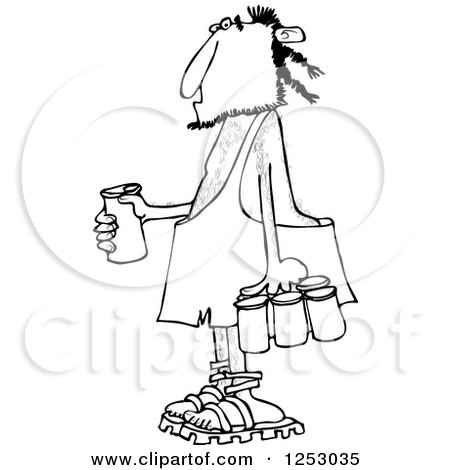 Clipart of a Black and White Caveman with a Six Pack of Beer - Royalty Free Vector Illustration by djart