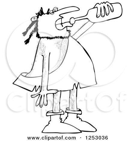 Clipart of a Black and White Caveman Drinking Wine from a Bottle - Royalty Free Vector Illustration by djart