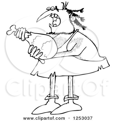 Clipart of a Black and White Caveman Eating a Meat Drumstick - Royalty Free Vector Illustration by djart